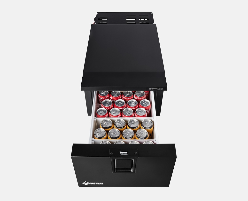 Opened Bushman DF30-HD Fridge with drinks