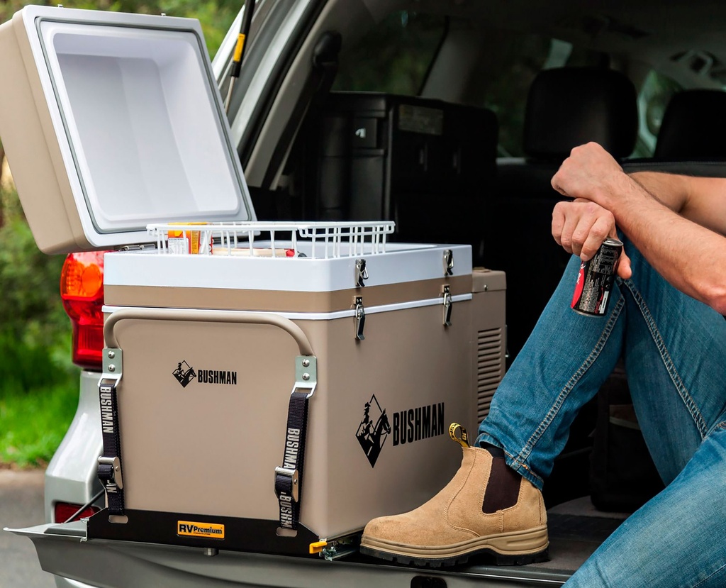 Bushman HD Fridge Slide mounted with top door open on a 4WD